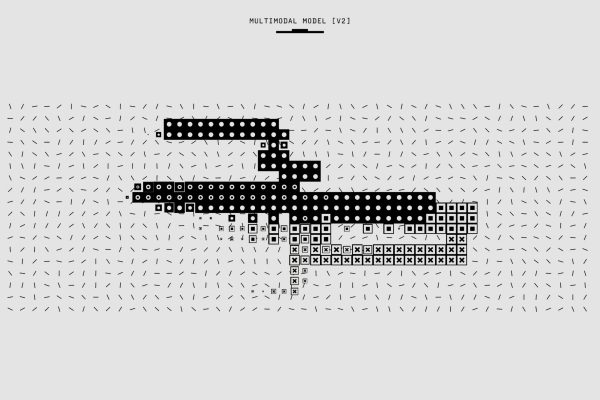 Black and white abstract representation of a multimodal model version two, featuring geometric patterns and lines.
